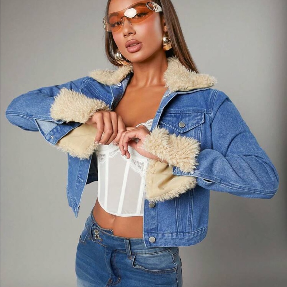 Denim Jacket With Shearling Splice, Western Style - Picture 1 of 6